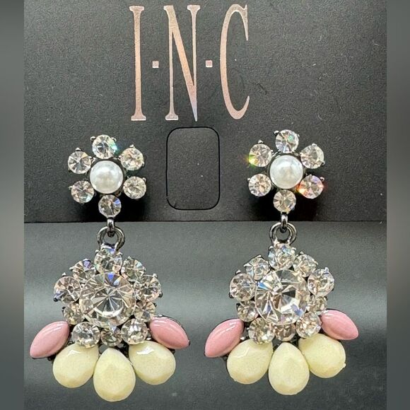 INC Silver Tone Crystal Flower Post Earnings W/ Drop Dangle Crystal Flower - Picture 4 of 8